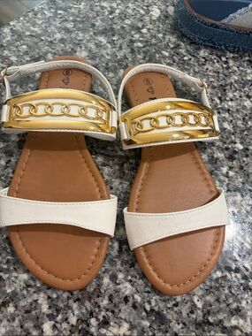 Women’s White Sandals with Gold Chain Detail